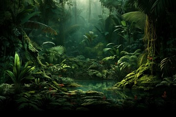Untamed Green prehistoric jungle. Tropical nature. Generate Ai - obrazy, fototapety, plakaty
