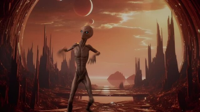 The alien dances with the alien planet background