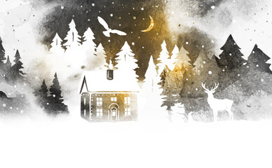 Watercolor Christmas vector landscape. Deer, coniferous forest, owl and house in gray and golden color. Template for christmas card, poster, banner