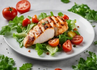 Chicken breast fillet and vegetable salad with tomatoes and green leaves on a light background. top view

