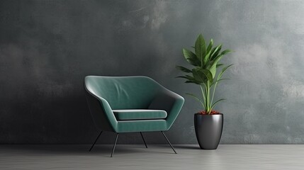 Dark green armchair and a big house plant in a big vase in modern home decoration. Part of the interior in a minimalist style against the background of a dark gray concrete wall.