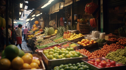 Fototapeta na wymiar Asian Market Bounty: A vibrant showcase of colorful fruits and vegetables