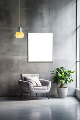 Vertical photo with copy space of an armchair, house plant and a big art in modern home decoration. Part of the interior in a minimalist style against the background of a grey concrete wall.