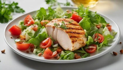 Chicken breast fillet and vegetable salad with tomatoes and green leaves on a light background. top view

