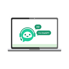 Ai chat bot on la aptop monitor. Chat bot оn realistic laptop. Artificial intelligence concept. Stock Vector illustration.