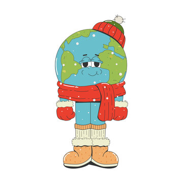 Cartoon character, funny planet earth in a winter hat, mittens, ugg boots and a warm scarf, isolated on a white background. Vector illustration in a comic retro style of the 50s-60s.