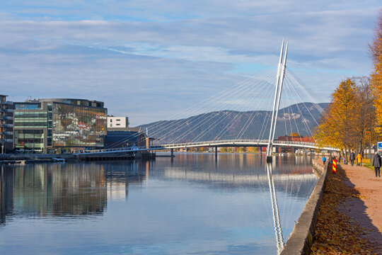 Suspension Bridge Over Drammenselva River in Drammen Norway Autumn