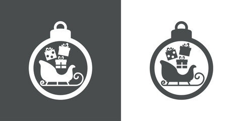 Tiempo de Navidad. Logo con silueta de bola de navidad con trineo de Santa Claus con cajas de regalo con lazo de cinta para su uso en tarjetas y felicitaciones