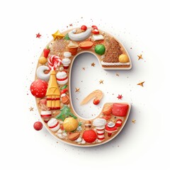 Obraz premium Volumetric capital letter C, decorated in a festive Christmas and New Year style. Christmas tree decorations, balls, pine cones, tinsel. Mockup for Christmas banner or background. Isolated on white.