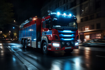 A fire truck with blue and red lights on is driving at high speed through the city at night.
