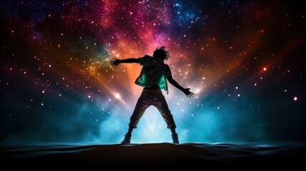 Young man dancing hip-hop in bright cloud colorful dust background. Colorful portrait of a young...