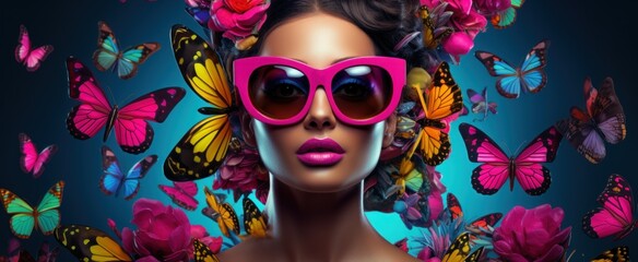 Beautiful Stylish woman with pink glasses surrounded by vibrant butterflies and flowers, glamour, vivacity, fashion, Beauty Salon concept