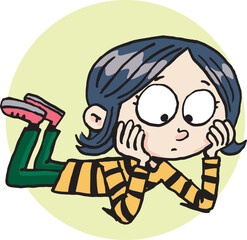 girl looks thoughtfully at the floor while thinking