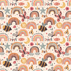 Hand painted watercolor boho nursery seamless pattern. Cute children background with terracotta rainbows, butterflies, bees and stars on cream for baby fabric, kids apparel or toddler wallpaper. © An Chubenko