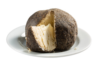Belper Knolle - Swiss cheese. Cheese ball sprinkled with black pepper on white plate isolated on white background.