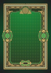 Vertical form for creating certificates, diplomas, bills and other securities. Classic design with gold elements on a green background. A4 format.