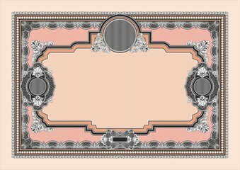 Blank horizontal form for creating certificates, diplomas or other securities and documents. Made in a classic style with rococo elements in pink tones. A4 format.