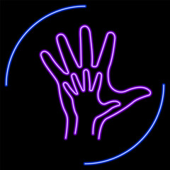 hand in hand neon sign, modern glowing banner design, colorful modern design trends on black background. Vector illustration.