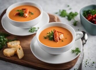 New England Lobster Bisque soup in white plate 

