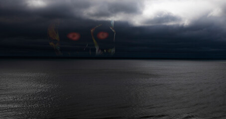 Ghostly skull with glowing red eyes rising from the ocean warning of a killer storm about the approach
