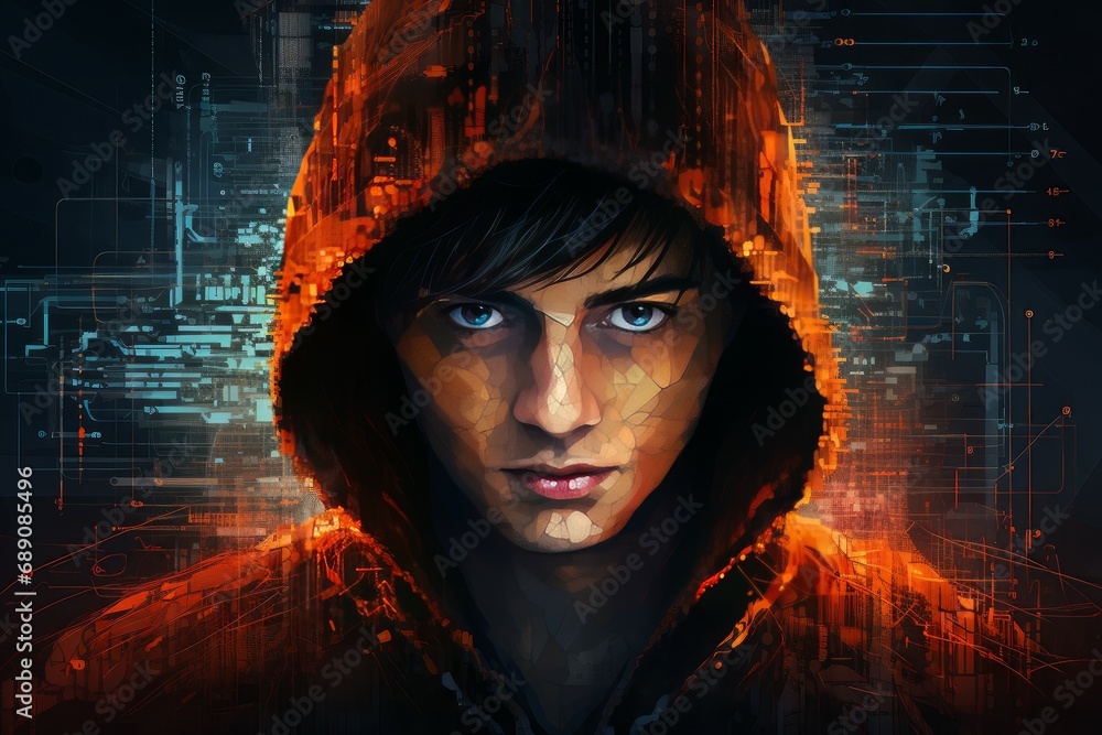 Poster mysterious hacker portrait. data crime spy. generate ai
