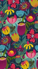Vector seamless pattern with bright flowers and leaves. Endless floral background