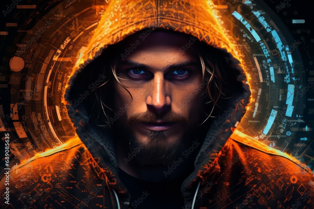 Poster stealthy hacker portrait. data crime spy. generate ai