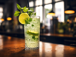 Zesty cocktail mojito with lime. AI Generation.