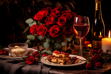 Romantic dinner table with roses and red wine