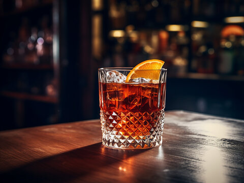 An elegant old fashion cocktail in a glass. AI Generation.
