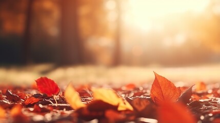 View of autumn maple leaves decorating the road and forest. beautiful natural bokeh background, colorful leaves wide panorama.