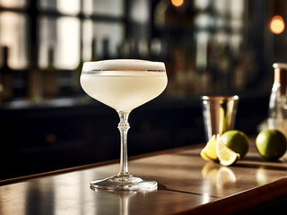 A tantalizing white cocktail awaits at the bar. AI Generation.