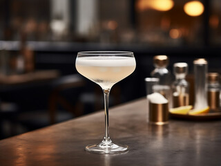 A dreamy white cocktail in a pristine glass. AI Generation.