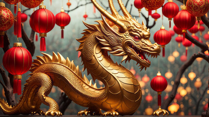 Happy Chinese New Year 2024 the dragon zodiac sign with flower, lantern, elements with red and gold color. background. Copy space
