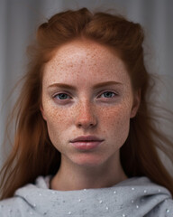 Potrait of a Serious freckled girl facial, with red hair and a gray sweatshirt
