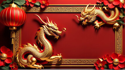 Happy Chinese New Year 2024 the dragon zodiac sign with flower, lantern, elements with red and gold color. background. Copy space