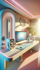 Sunlit modern workspace with a pastel color scheme and elegant curves, featuring a sleek computer setup