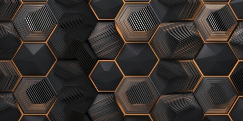 3d illustration. Seamless geometric wallpaper made of metallic black gray and gold hexagons randomly arranged on a gray background. High quality seamless realistic texture, Generative AI