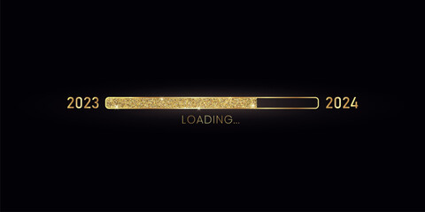 2024 New Year gold progress bar. Golden loading bar with glitter particles on black background for Christmas greeting card. Design template for holiday party invitation. Concept of festive banner - obrazy, fototapety, plakaty