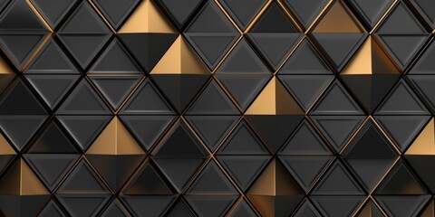 3d illustration. Seamless geometric wallpaper made of metallic black and gold triangles randomly arranged on a gray background. High quality seamless realistic texture, Generative AI