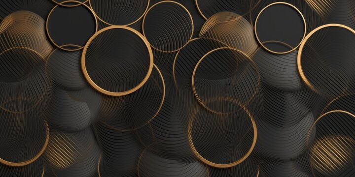 3d illustration. Seamless geometric wallpaper made of metallic black and gold circles randomly arranged on a gray background. High quality seamless realistic texture, Generative AI