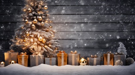 Seasonal Delight: Gold Christmas Tree and Gifts in Snowy Wooden Landscape