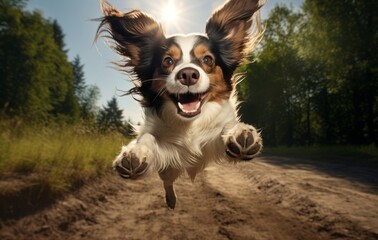 Dog Mid-Air Jump on Dirt Road