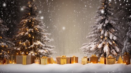 Fototapeta premium Seasonal Delight: Gold Christmas Tree and Gifts in Snowy Wooden Landscape