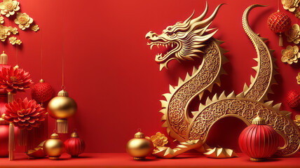 Happy Chinese New Year 2024 the dragon zodiac sign with flower, lantern, elements with red and gold color. background. Copy space - obrazy, fototapety, plakaty