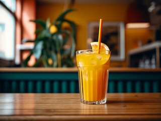 A cool drink: orange juice in a clear glass. AI Generation.