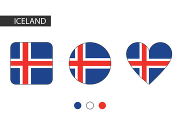 Iceland 3 shapes (square, circle, heart) with city flag. Isolated on white background.