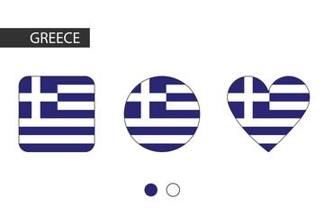 Greece 3 shapes (square, circle, heart) with city flag. Isolated on white background.
