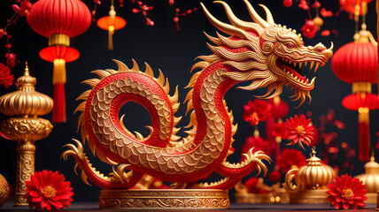 Happy Chinese New Year 2024 the dragon zodiac sign with flower, lantern, elements with red and gold color. background. Copy space