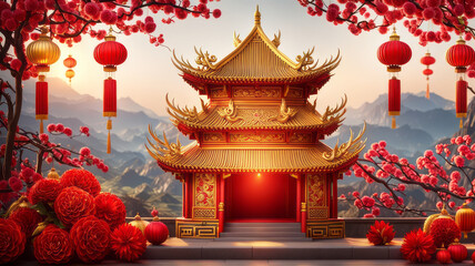 Happy Chinese New Year 2024 the dragon zodiac sign with flower, lantern, elements with red and gold color. background. Copy space - obrazy, fototapety, plakaty